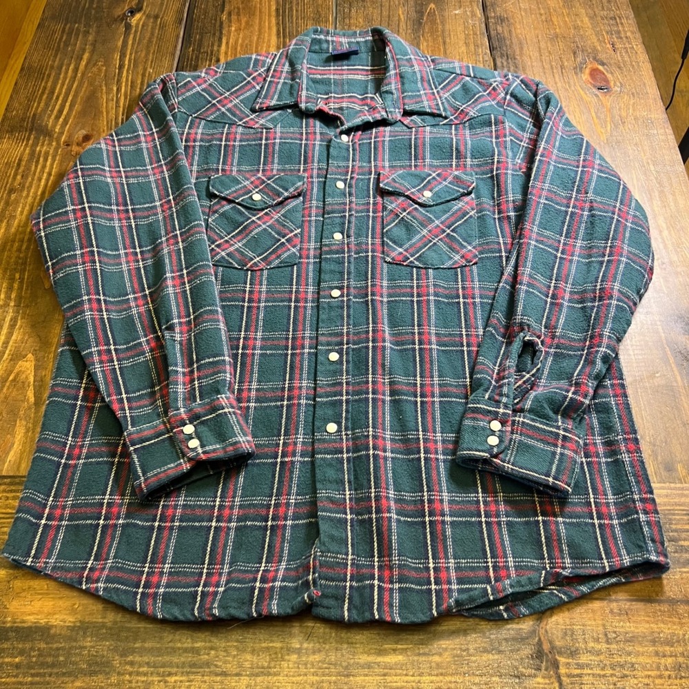 Dakota Vintage Mens XL Western Flannel Shirt Green Red Plaid Made in USA 8147